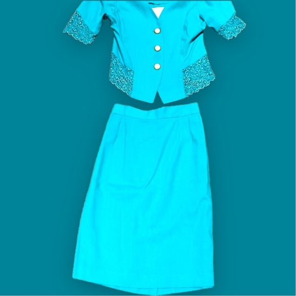 VINTAGE SL Fashions 2-piece skirt suit SET teal turquoise lace blazer 70s 80s - Picture 9 of 16